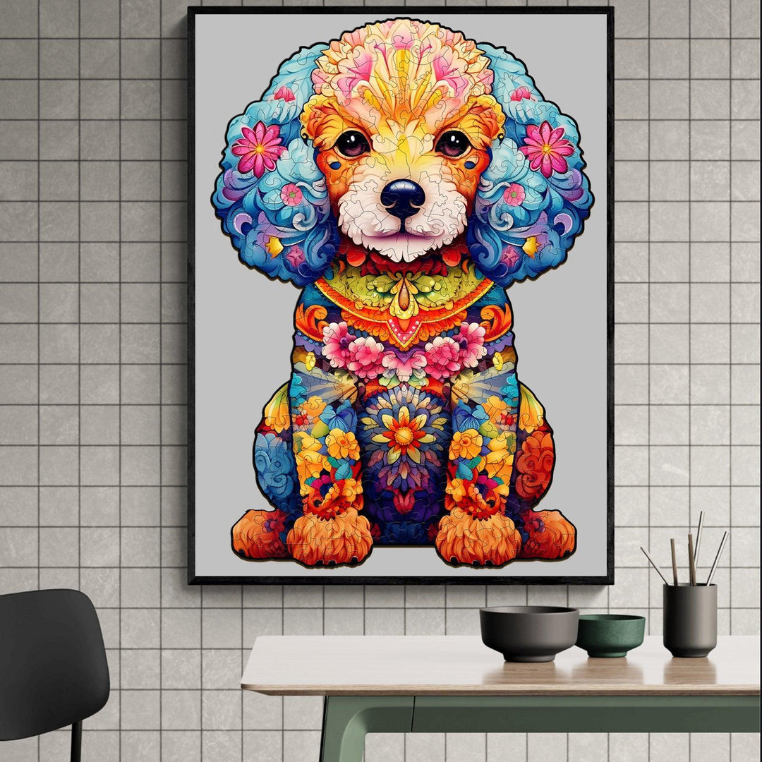 Colorful artwork of a cute poodle with floral patterns, displayed in a modern interior setting.