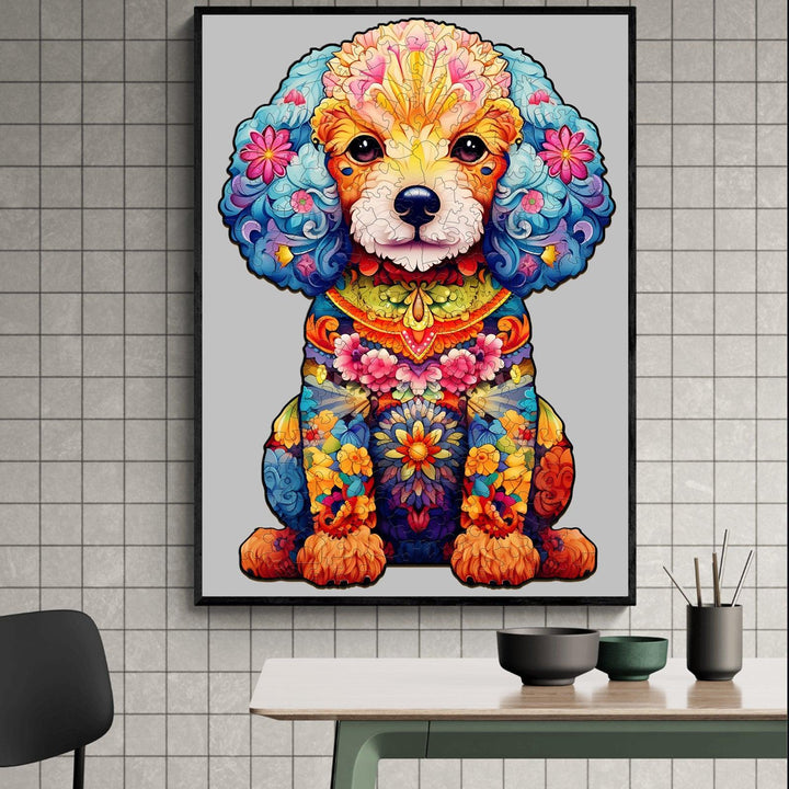 Colorful artwork of a cute poodle with floral patterns, displayed in a modern interior setting.