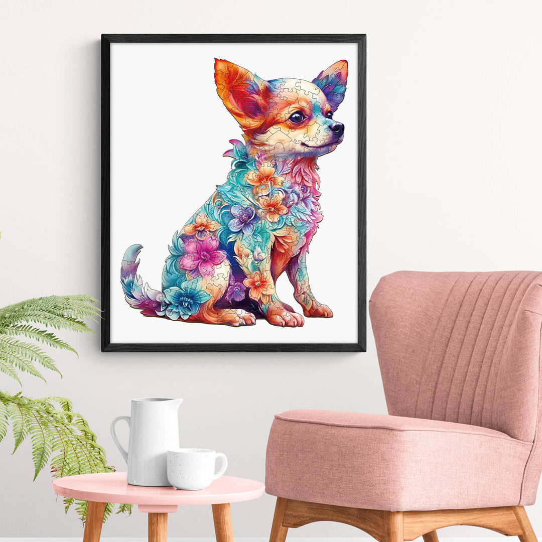 Colorful floral Chihuahua art print on a wall, with a stylish chair and decor in a bright living space.