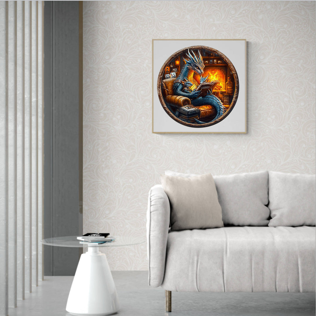 Cozy living room with a modern gray sofa, glass table, and a vibrant artwork of a dragon reading by the fireplace.