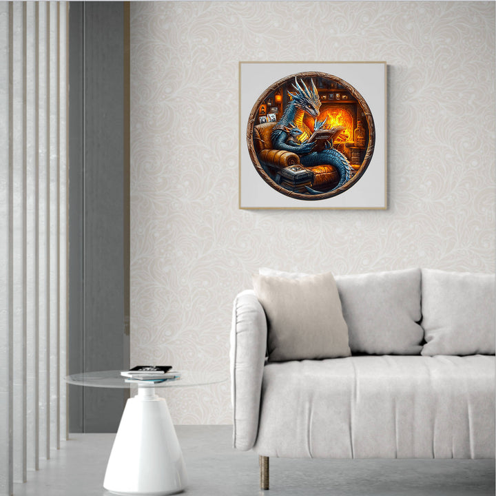 Cozy living room with a modern gray sofa, glass table, and a vibrant artwork of a dragon reading by the fireplace.