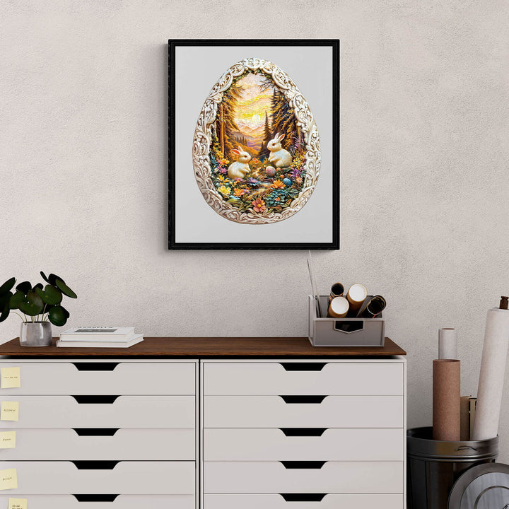 Colorful framed Easter egg artwork featuring bunnies and flowers, perfect for spring decor.