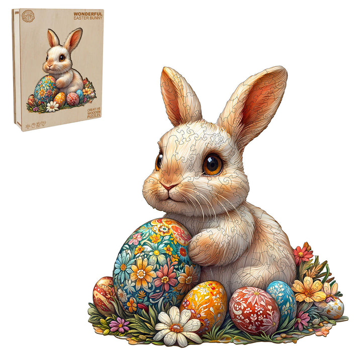 3D Wonderful Easter Bunny Jigsaw Puzzle featuring a cute bunny, colorful eggs, and flowers, perfect for spring celebrations.