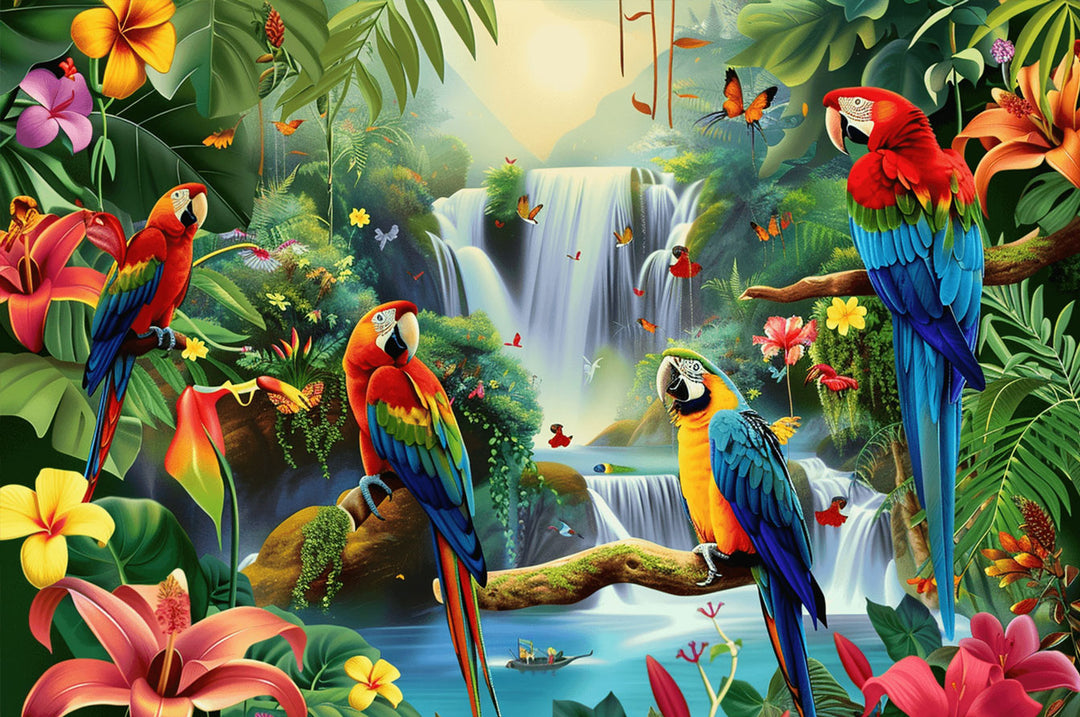 Colorful tropical jungle scene with parrots, butterflies, and a waterfall, perfect for a jigsaw puzzle enthusiast.