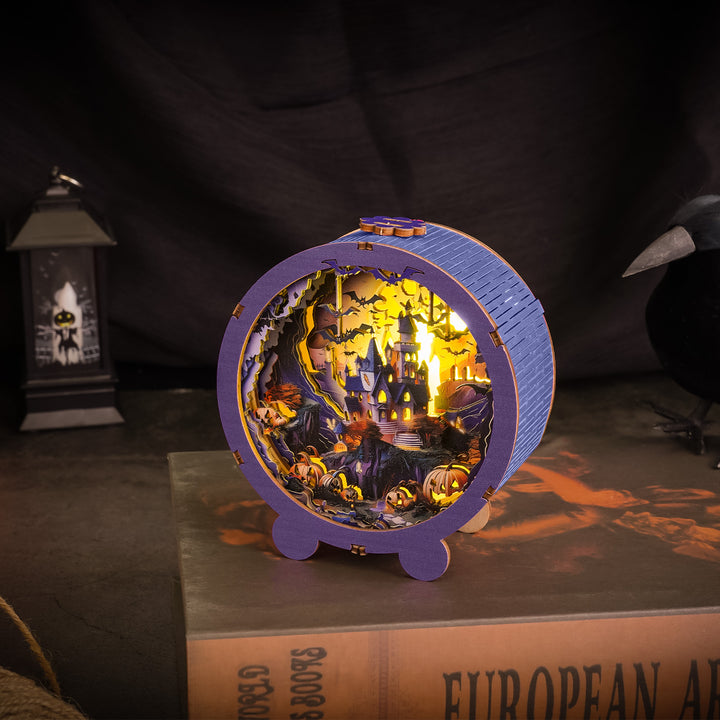 Halloween Castle Kit 3D wooden puzzle night light featuring a spooky scene with pumpkins and a haunted house.