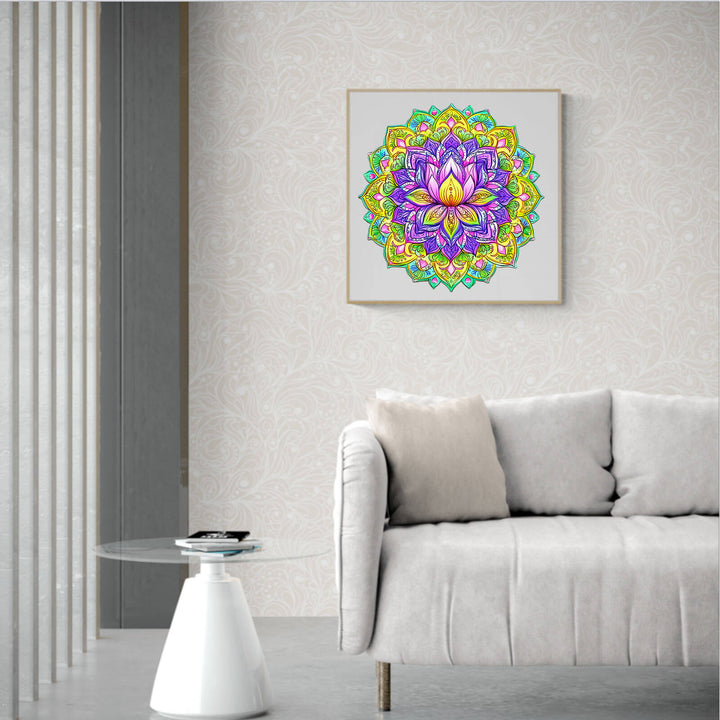Mandala Lotus-1 wooden jigsaw puzzle displayed in stylish living room with modern decor and furniture.