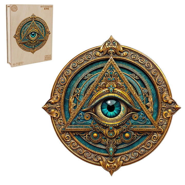 Mysterious Eye Wooden Jigsaw Puzzle with intricate design and blue accents, perfect for focused puzzle solving.