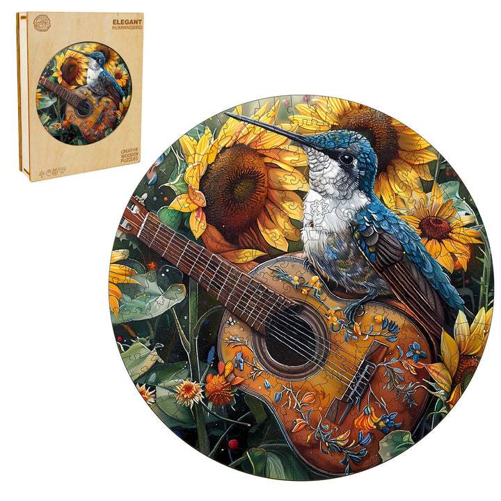 Elegant Hummingbird wooden jigsaw puzzle featuring vibrant sunflowers and a beautifully detailed guitar.