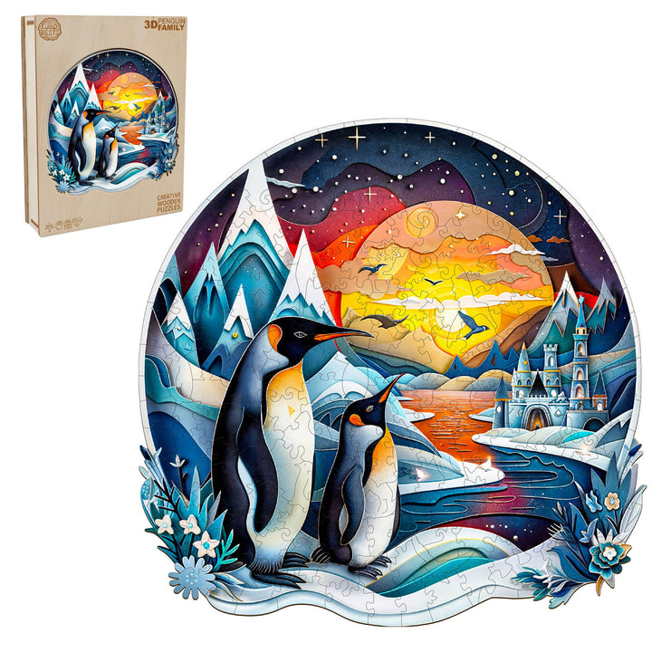 3D penguin family wooden jigsaw puzzle with vibrant colors against a scenic winter background.