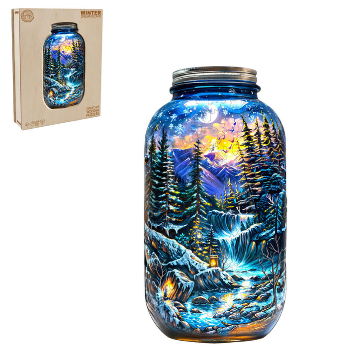 Winter Dreamscape illuminated jar featuring a snowy landscape, trees, mountains, and a serene river scene.