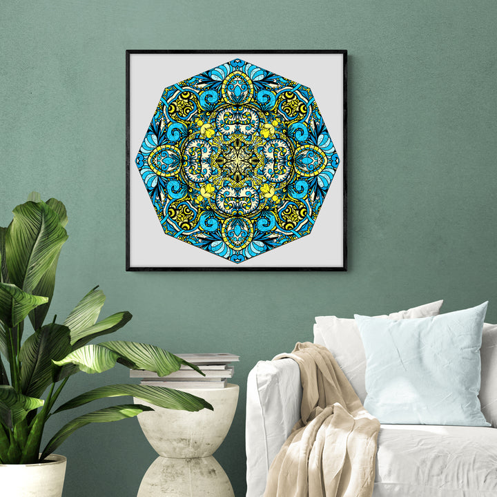 Colorful doodle art by Lori Anne McKague, featuring intricate patterns in blue and yellow, displayed in a modern living room.