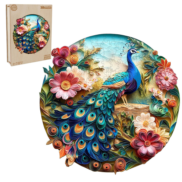 3D Colorful Peacock Wooden Jigsaw Puzzle with vibrant floral design, promoting focus and mental agility.