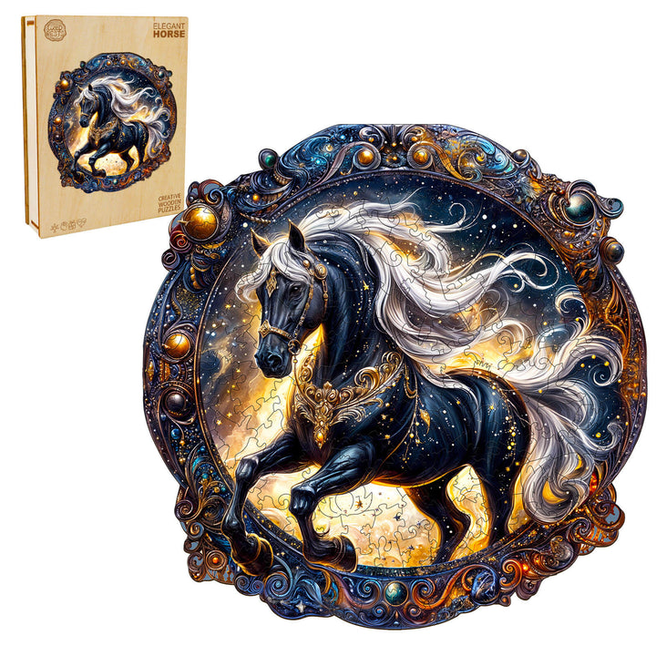 Elegant Horse Wooden Jigsaw Puzzle with black horse design and ornate frame, ideal for mindfulness and cognitive improvement.