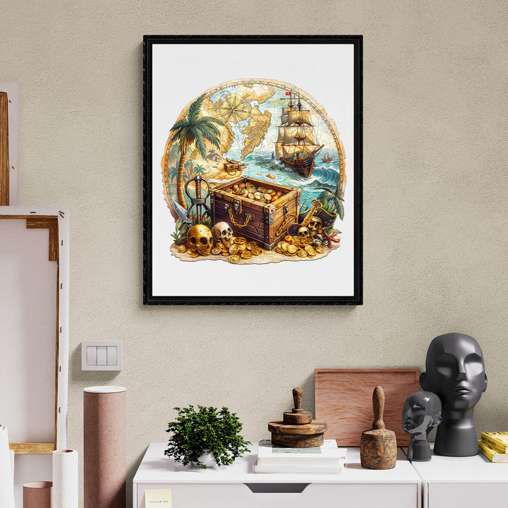 Illustration of a pirate treasure chest, map, and ship, evoking adventure and exploration themes.