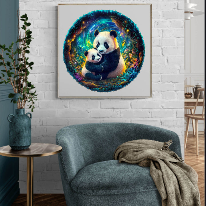 Colorful 3D panda family illustration framed on a wall, enhancing cozy home decor and adding a playful touch.