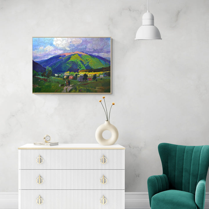 Landscape painting 'The End of Summer' by Alexander Shandor displayed in a modern interior setting.