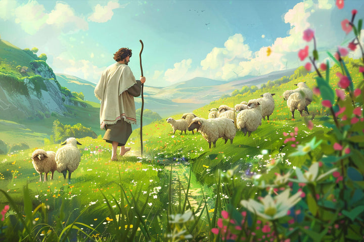 A shepherd guiding a flock of sheep through a vibrant, flower-filled grassland under a bright sky.