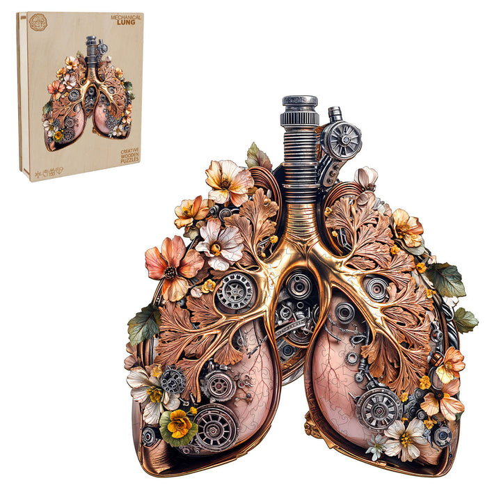 3D Mechanical Lung wooden jigsaw puzzle with floral details and gears, designed for mind games and focus.