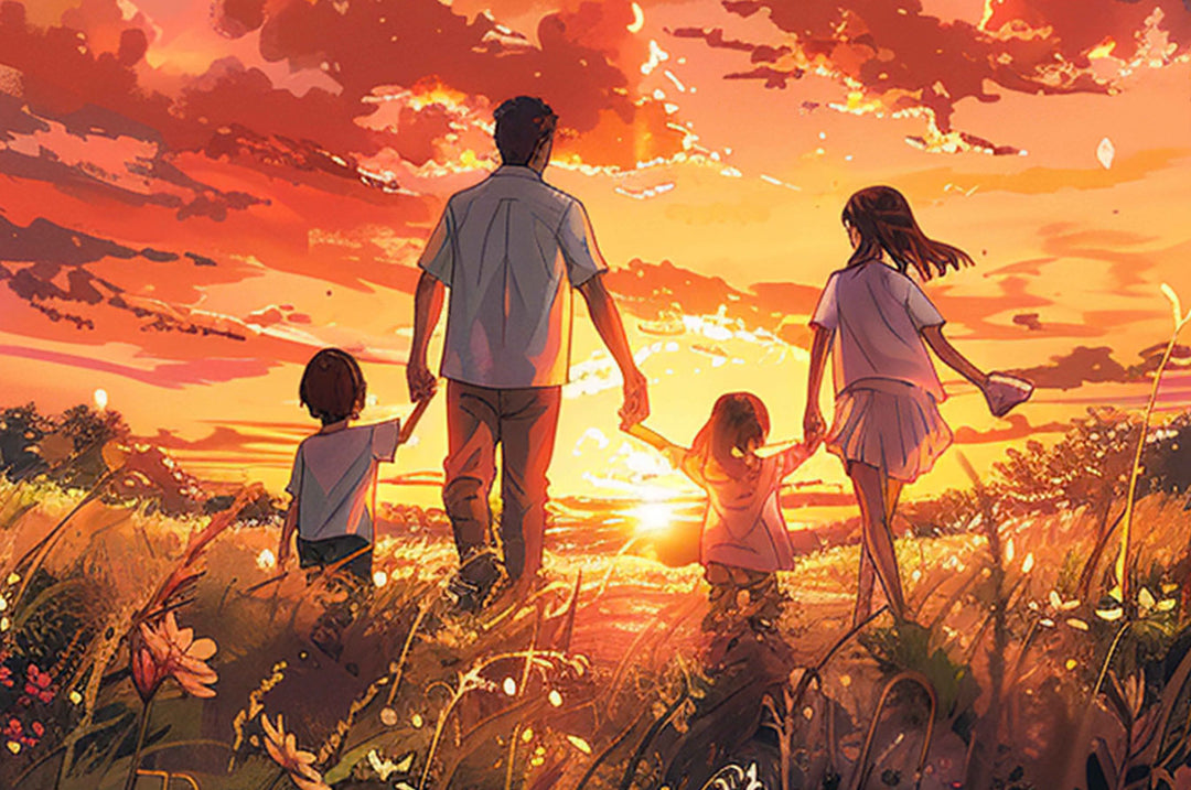 Family walking together at sunset, enjoying a beautiful evening in nature with vibrant colors and lush greenery.