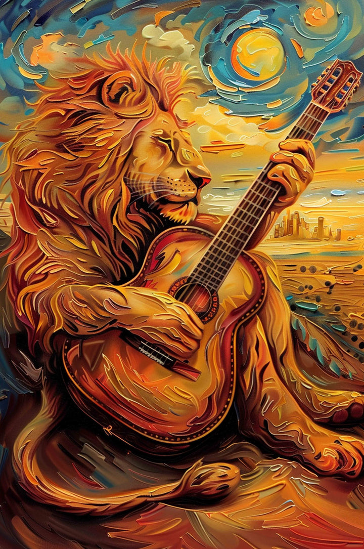 Lion playing guitar artwork in vibrant colors, perfect for jigsaw puzzle enthusiasts and brain game lovers.
