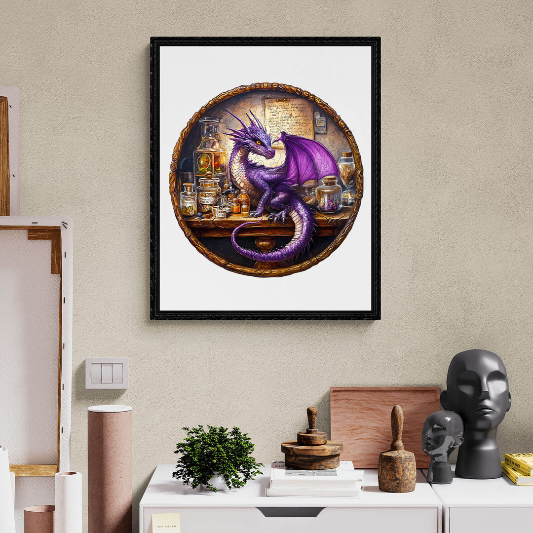 Purple dragon jigsaw puzzle featuring magic potions and scrolls, perfect for fantasy art lovers.