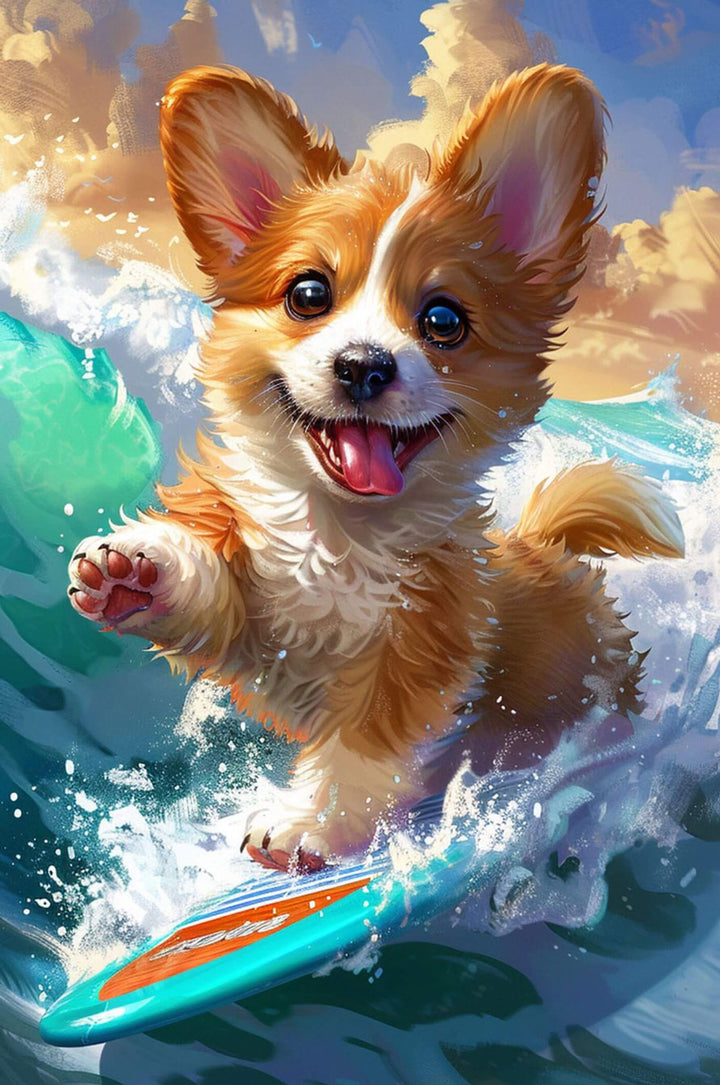 Colorful illustration of a surfing corgi riding a wave, perfect for a fun 500/1000 piece jigsaw puzzle.