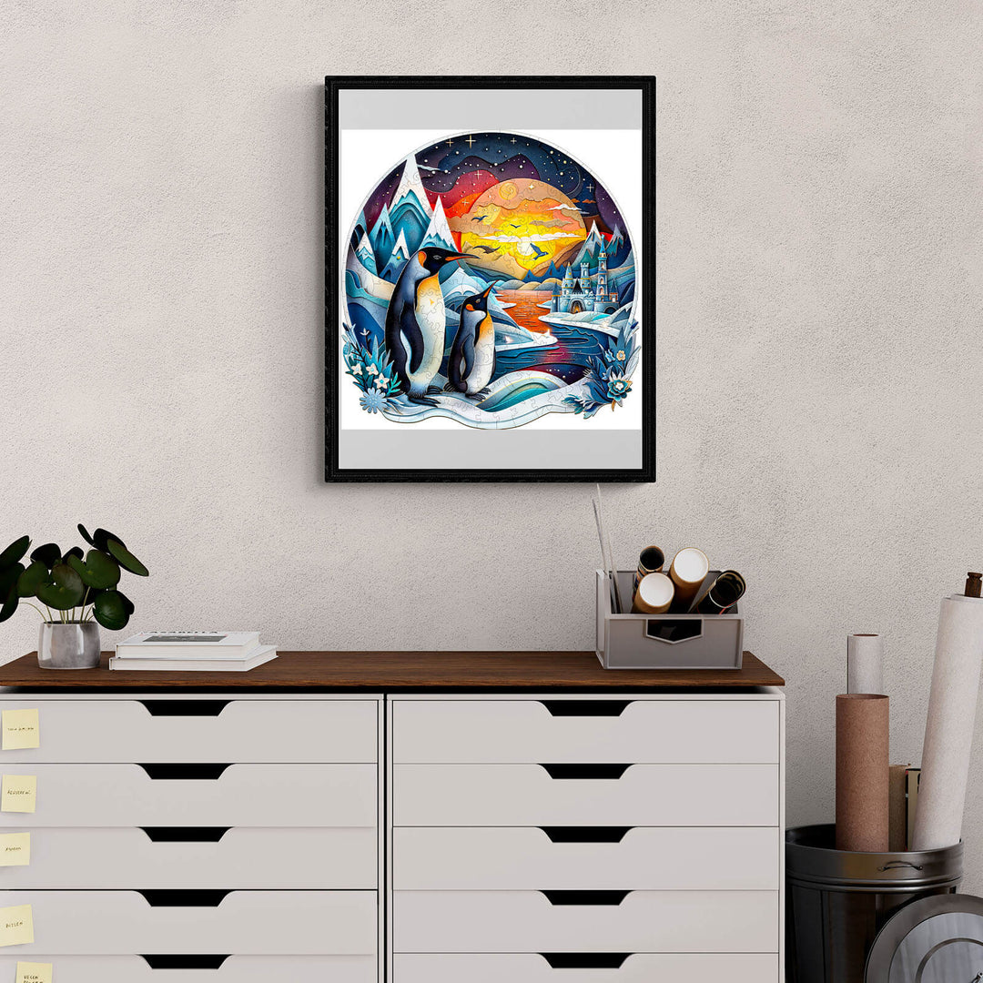 Colorful artwork of a penguin family with mountains and sunset, perfect for home decor and animal lovers.