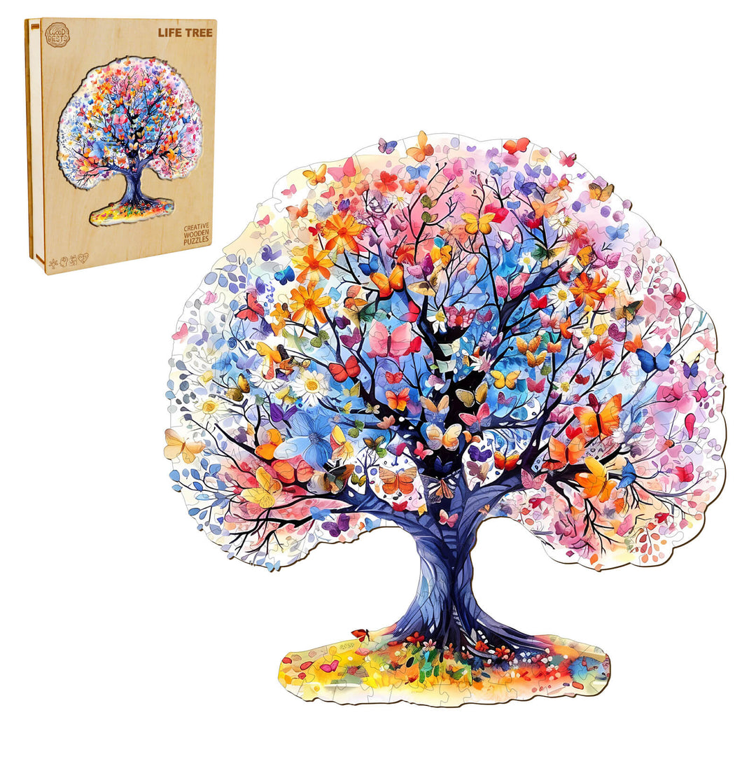 Colorful Life Tree Wooden Jigsaw Puzzle with vibrant butterflies, promoting focus and smart gameplay for puzzle enthusiasts.