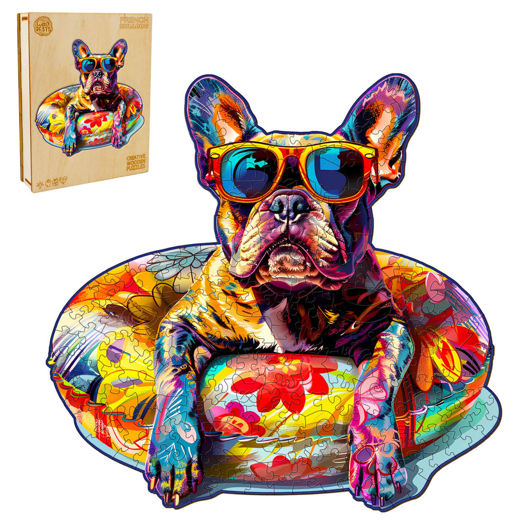 Colorful French Bulldog wooden jigsaw puzzle with sunglasses, perfect for brain training and fun mind games.