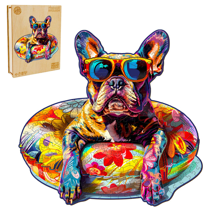 Colorful French Bulldog wooden jigsaw puzzle with sunglasses, perfect for brain training and fun mind games.