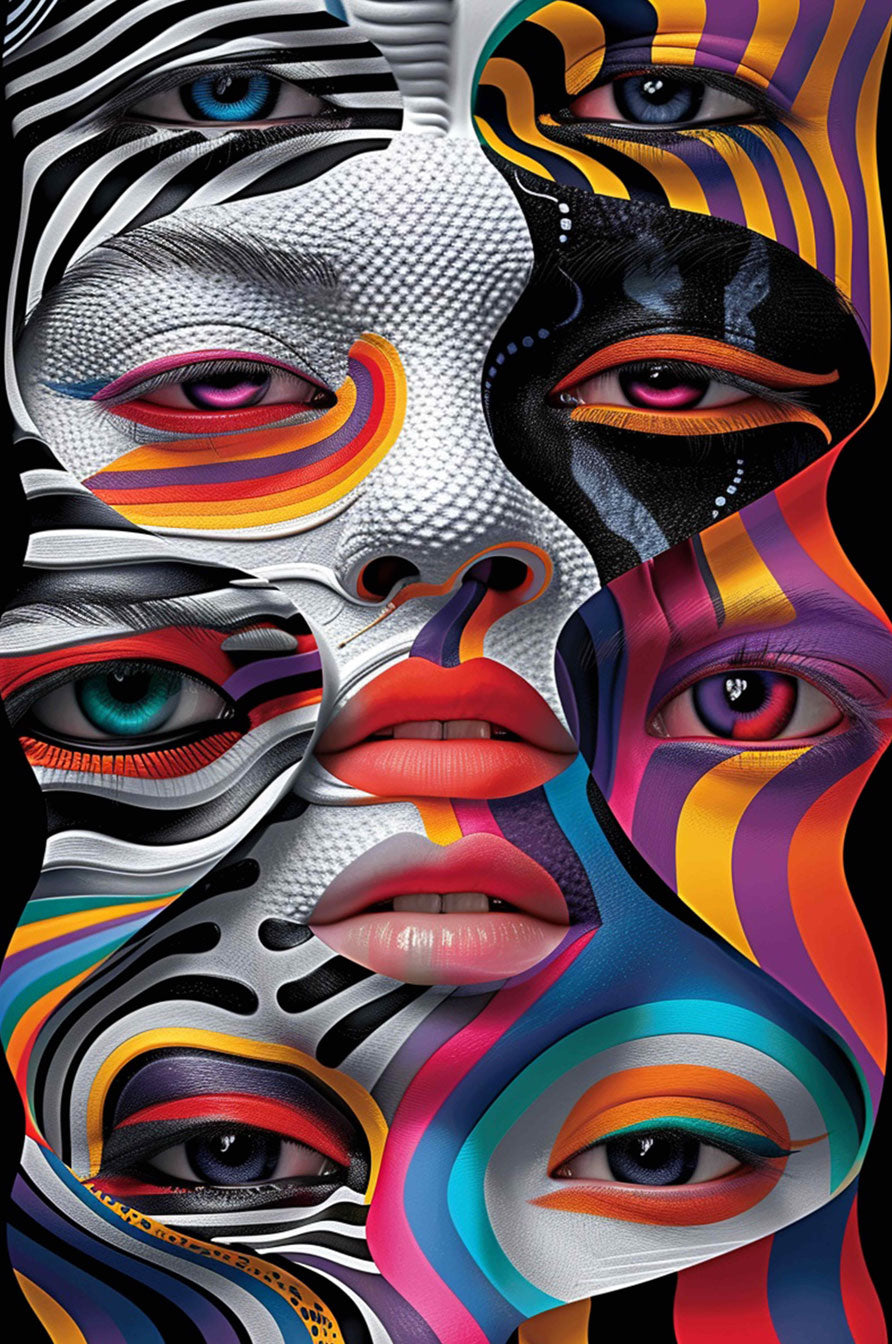 Colorful psychedelic artwork featuring diverse faces with striking eyes and vibrant patterns.