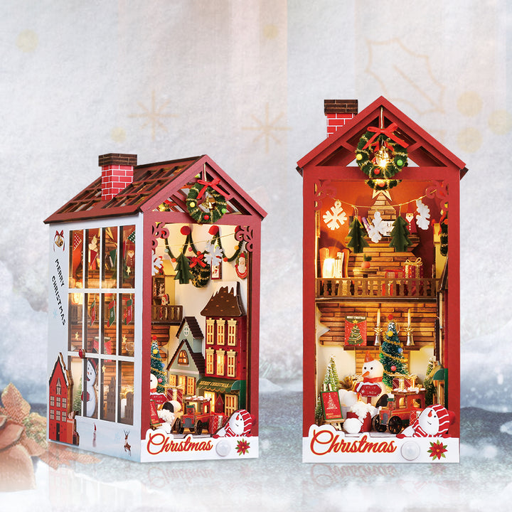 Merry Christmas DIY Book Nook Kit featuring a festive 3D wooden puzzle with holiday decorations and lights.