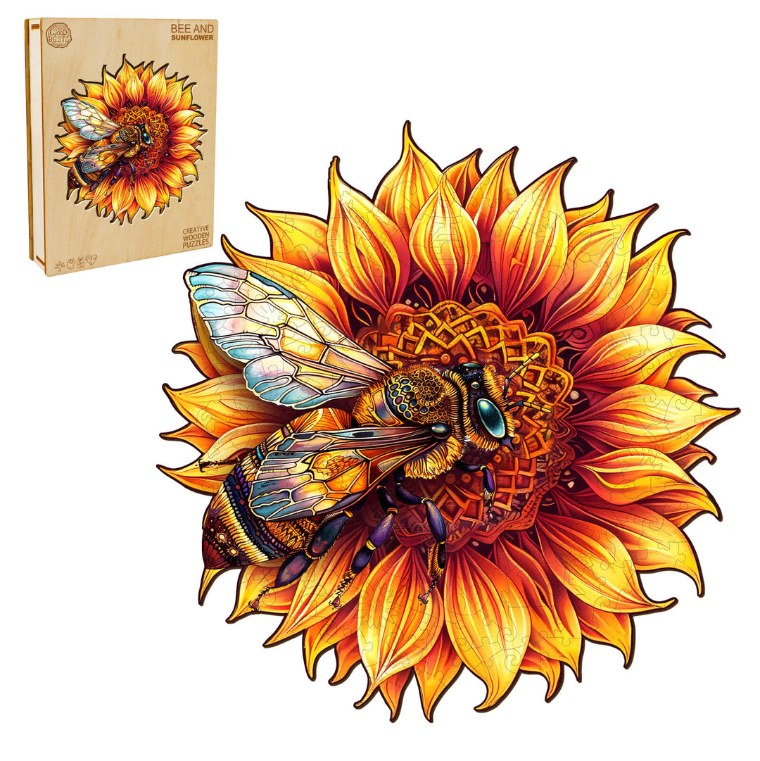 Beautiful Bee and Sunflower Wooden Jigsaw Puzzle, vibrant colors, perfect for mind games and improved focus.