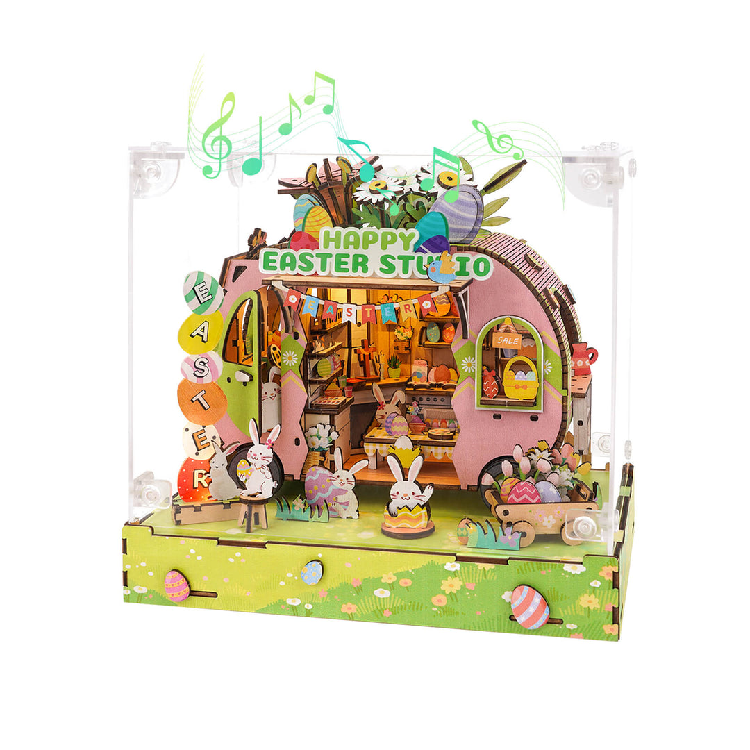 Colorful 3D wooden puzzle of a Happy Easter Studio, perfect for festive decoration and DIY craft fun.