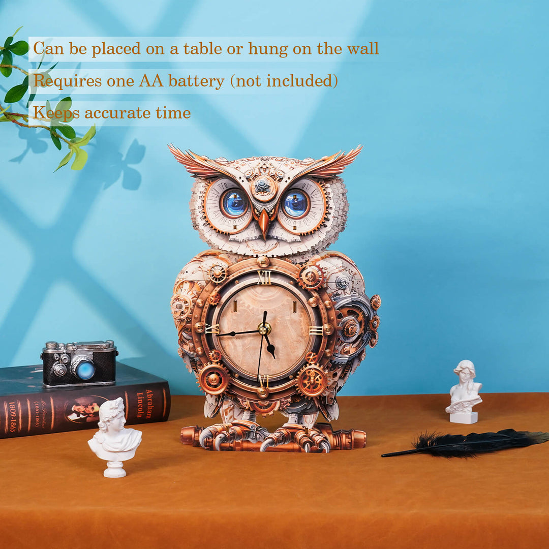 DIY wooden owl clock, functional 3D puzzle, can be table or wall-mounted, requires AA battery, keeps accurate time.