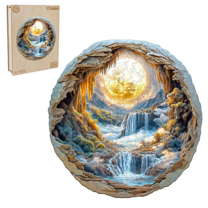 3D Moonlit Wonders Wooden Jigsaw Puzzle featuring a scenic waterfall and glowing moon design, perfect for puzzle enthusiasts.
