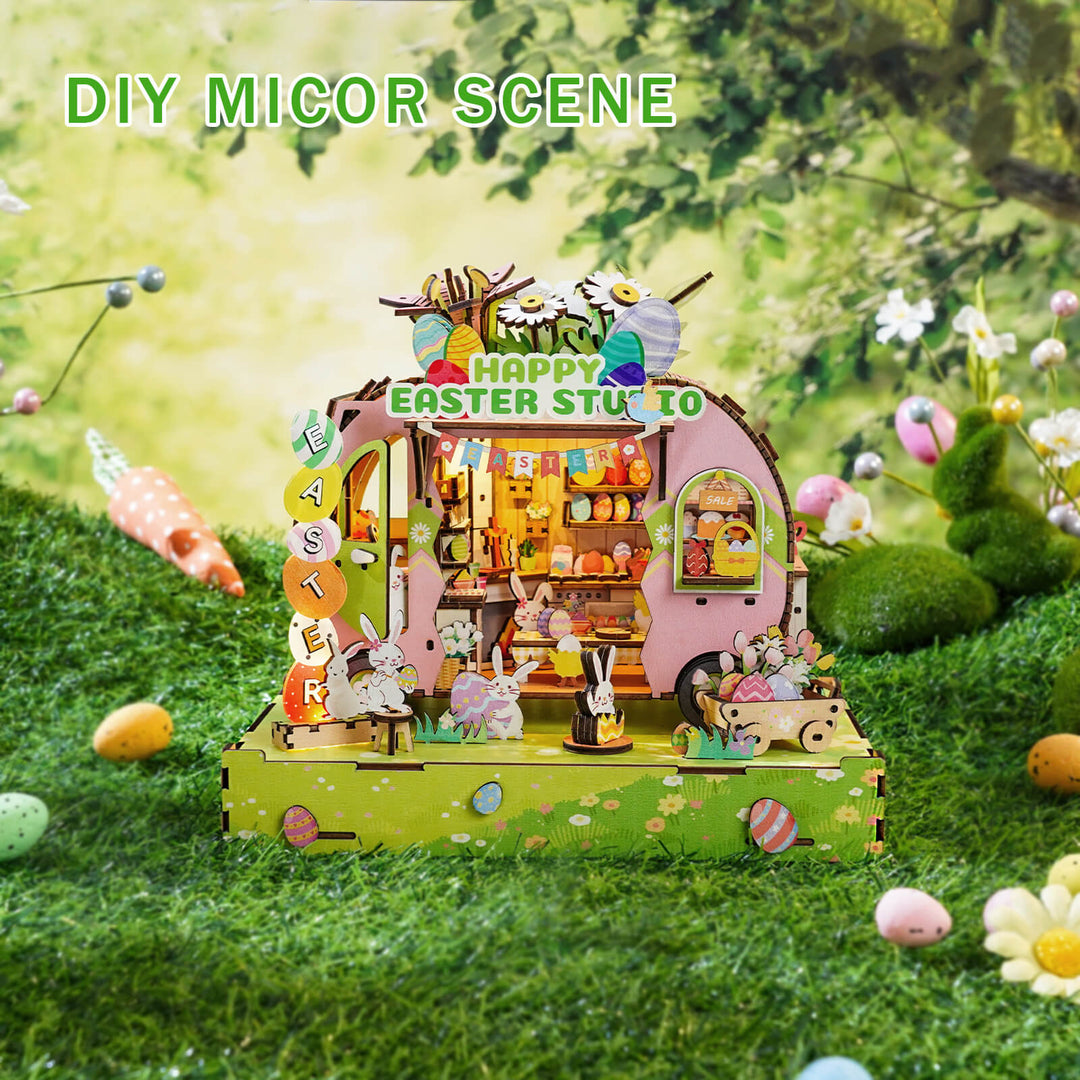 DIY miniature Easter egg cart scene with colorful decorations and eco-friendly wooden craftsmanship.