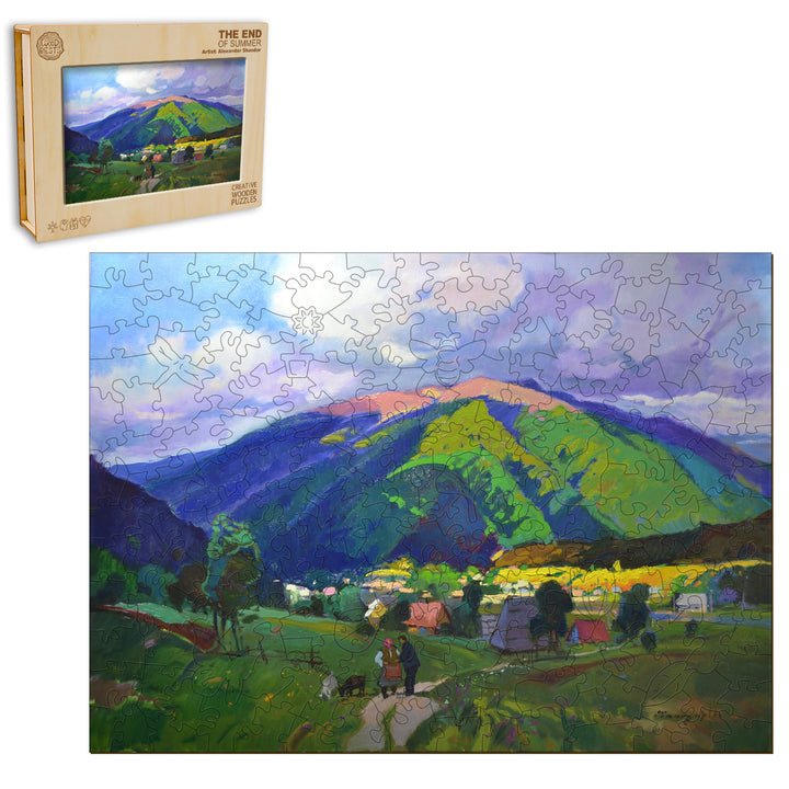 Colorful landscape puzzle titled 'The End of Summer' by Alexander Shandor, showcasing vibrant hills and serene scenery.