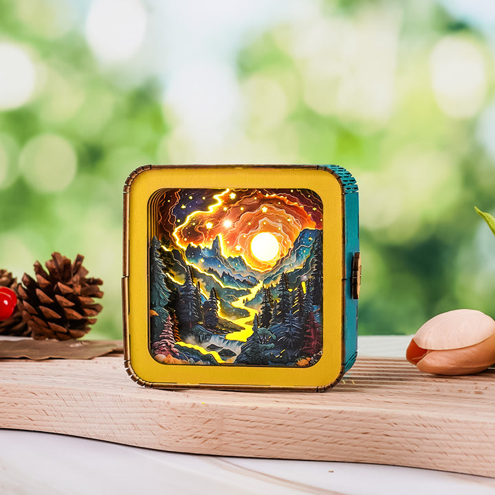 3D wooden puzzle night light featuring a golden river in a forest, glowing under a vibrant sunset.