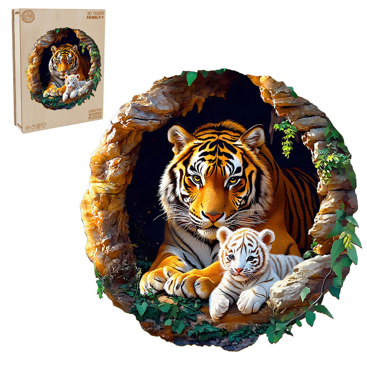 3D Tiger Family-1 wooden jigsaw puzzle featuring a mother tiger and her cub, perfect for mindful entertainment and brain games.