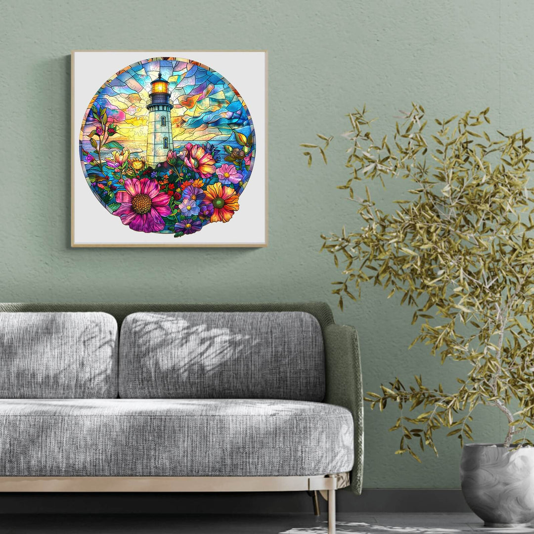 Stained glass lighthouse jigsaw puzzle artwork featuring vibrant flowers, displayed in a modern living room setting.