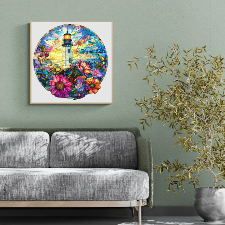 Stained glass lighthouse jigsaw puzzle artwork featuring vibrant flowers, displayed in a modern living room setting.