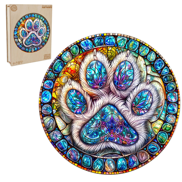 Stained glass paw prints wooden jigsaw puzzle featuring colorful intricate paw design, enhancing focus and cognitive skills.
