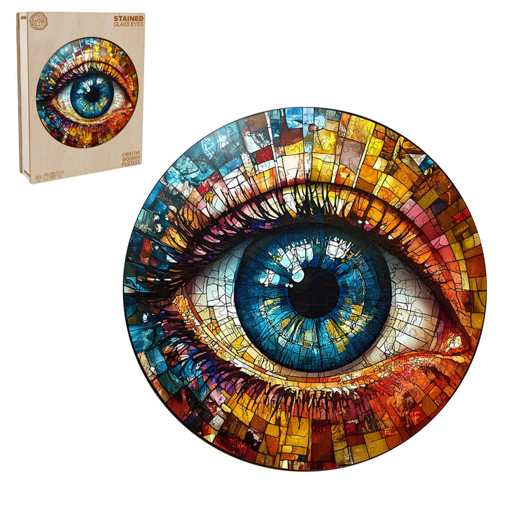 3D Stained Glass Eyes wooden jigsaw puzzle showcasing vibrant colors and intricate design for mind games.