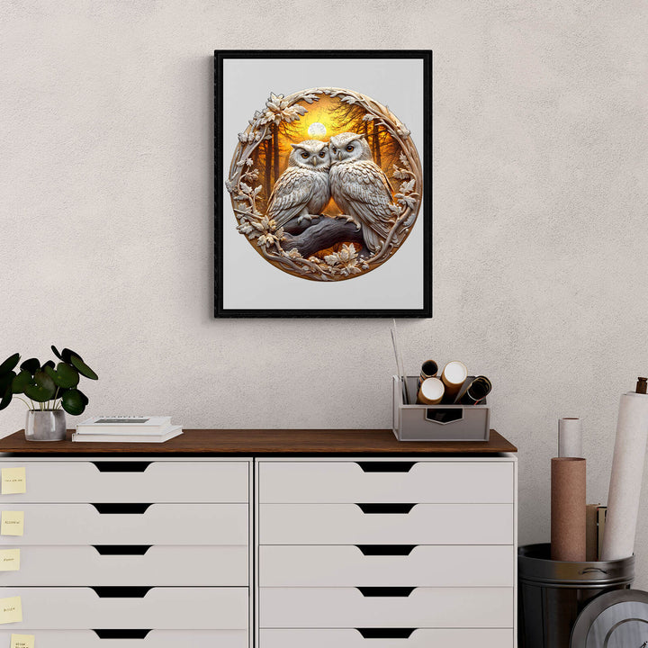 3D owl artwork featuring two owls in nature setting, framed and displayed on a wooden desk with decor.