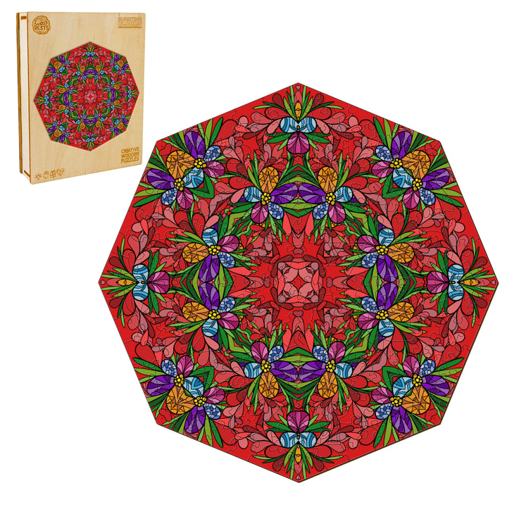 Bursting Blooms doodle art by Lori Anne McKague, featuring vibrant colors and floral patterns on an octagonal design.