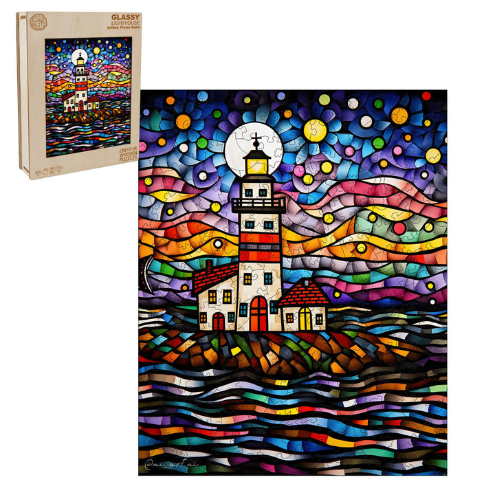 Glassy Lighthouse puzzle by Pietro Gallo, featuring vibrant colors and intricate design, ideal for artistic inspiration.