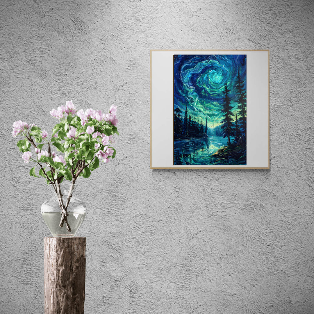 Framed Night Aurora-2 jigsaw puzzle artwork on a textured wall beside a vase of flowers.