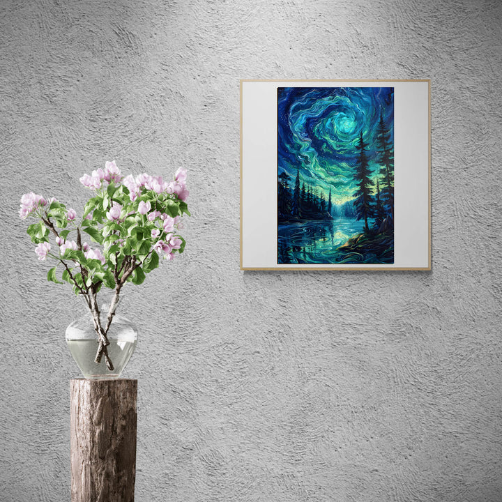 Framed Night Aurora-2 jigsaw puzzle artwork on a textured wall beside a vase of flowers.