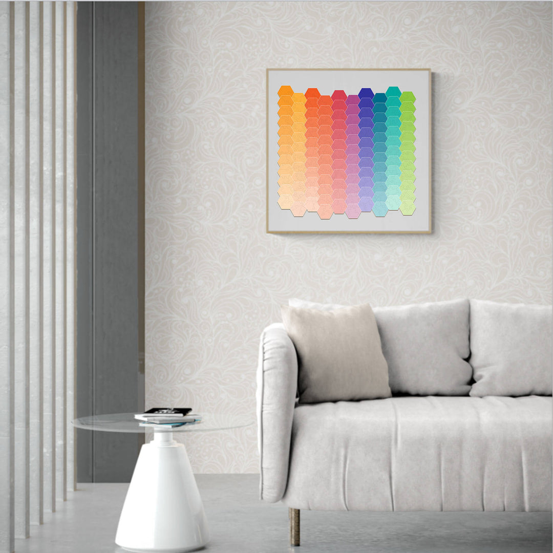 Colorful rainbow gradient wooden jigsaw puzzle displayed in a modern living room, enhancing focus and creativity.